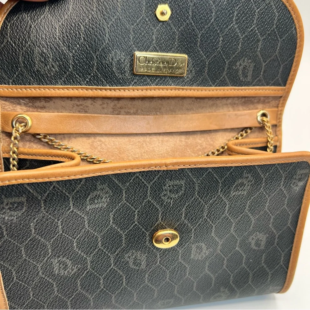 Dior Honeycomb Coated Canvas Chain Shoulder Bag in Black with Tan Leather Trim